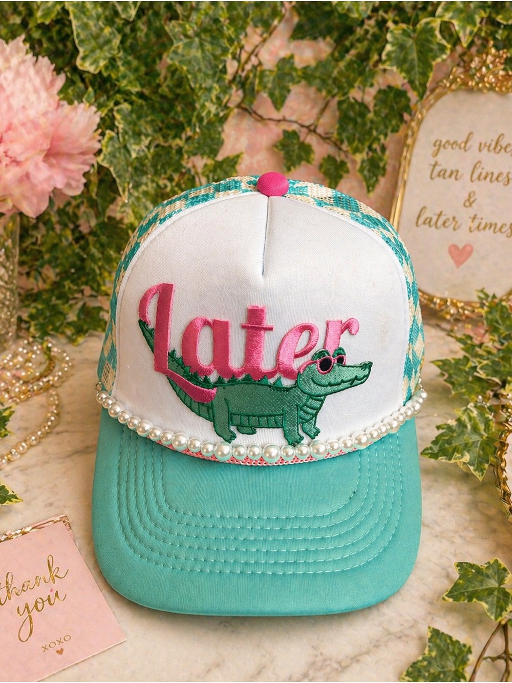 Teal & White 'Later' Alligator Embroidered Trucker Hat